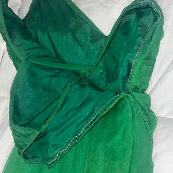 Vintage 1950’s Green Genuine Cream Mink Fur Trim Silk Evening Gown - Picture 4 of 10